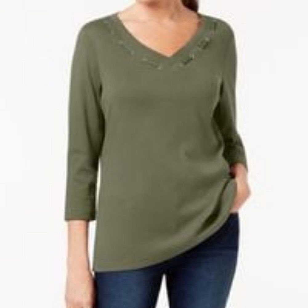 Karen Scott Womens Olive Sprig 3/4 Sleeve V Neck Grommmet Blouse Top Size XS